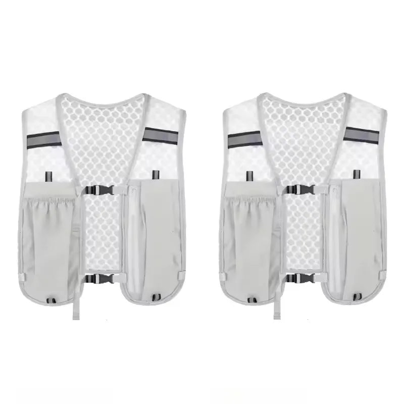 White hydration vest backpack for running and cycling with mesh panels and storage pockets