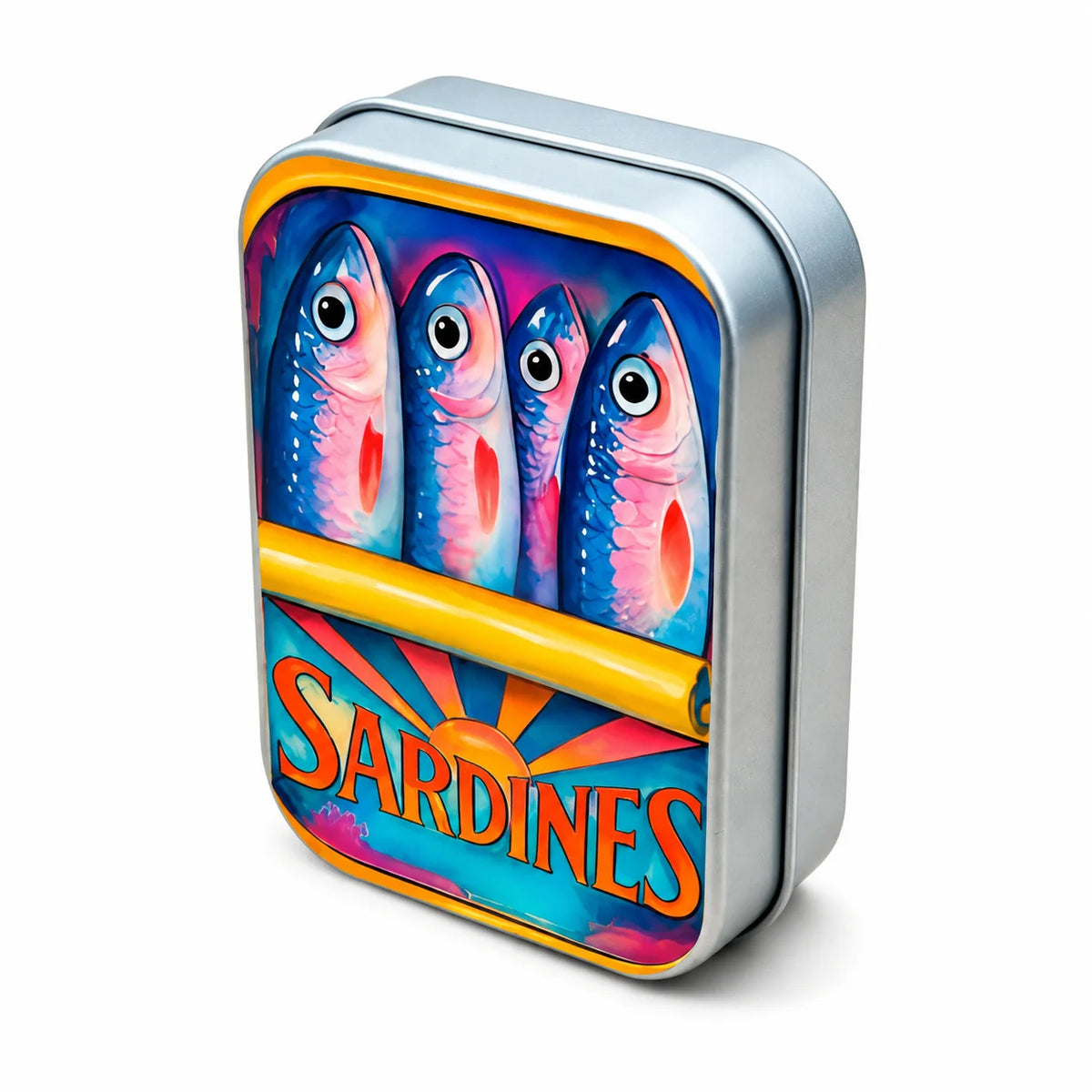 A silver metal box with a colorful print of sardines and a sun design.