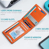 Orange leather card wallet with 12 slots and a clear ID window shown on a white surface.