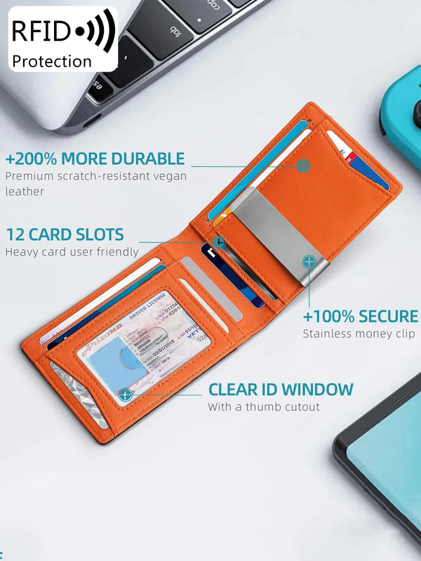 Orange leather card wallet with 12 slots and a clear ID window shown on a white surface.