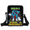 A black backpack featuring a graphic that reads BRUH! and STEAL A BRAINROT in blue and yellow text.