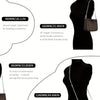 Diferentes longitudes de correas de cadena metálica ajustable mostradas en una forma de vestido negro.