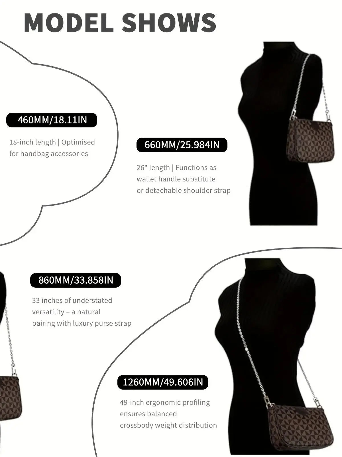 Diferentes longitudes de correas de cadena metálica ajustable mostradas en una forma de vestido negro.