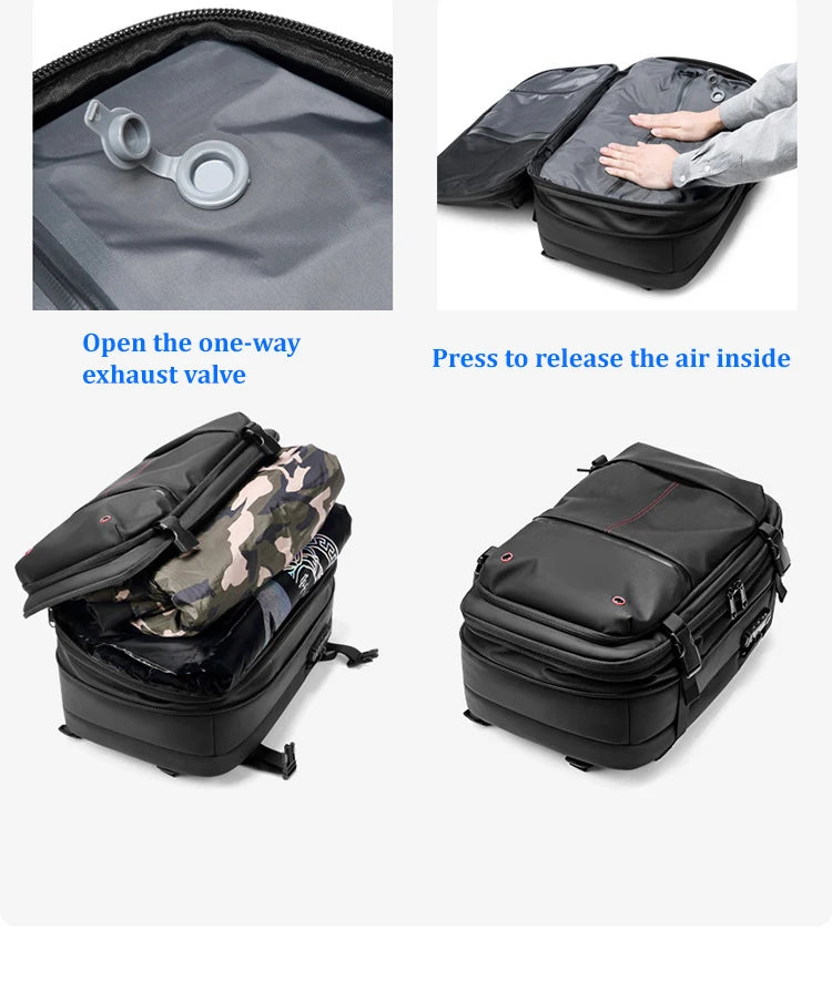 A black laptop backpack demonstrating a one-way exhaust valve and vacuum compression features.