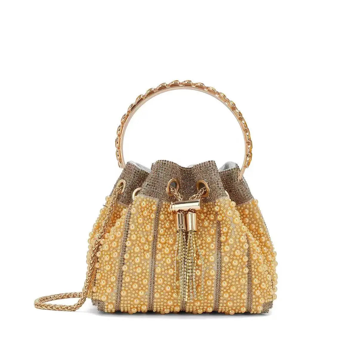 A gold-toned evening clutch bag embellished with crystals and featuring a chain strap.