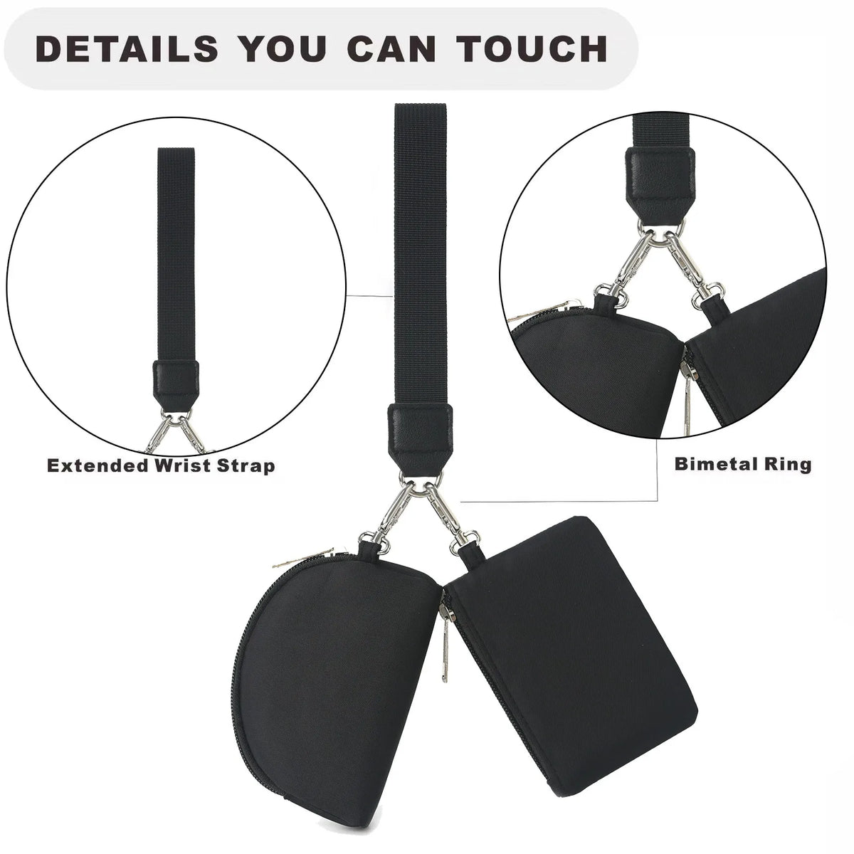 Details of a black compact wristlet wallet showing an extended wrist strap and a bimetal ring with dual zip pockets.