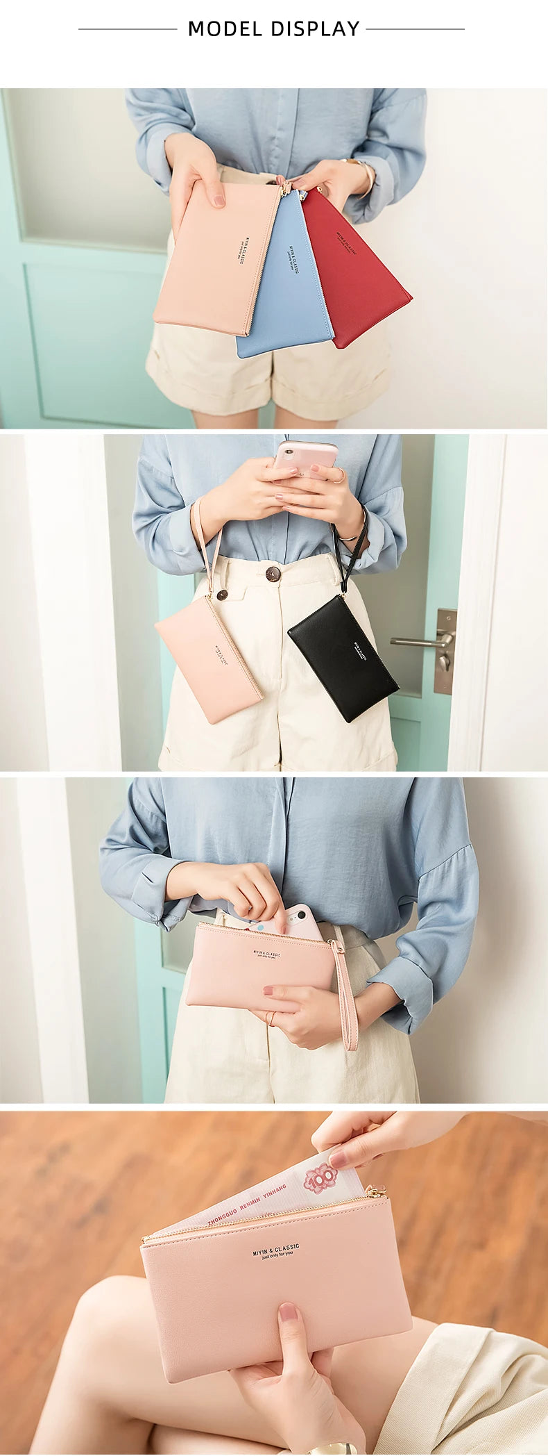 Eine Frau zeigt eine pinke minimalistische PU-Leder-Geldbörse zum Karten- und Telefonhalt gegen einen hellen Hintergrund.