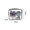 A clear waterproof travel toiletry bag containing a 3-piece set of toiletries, including a bottle and a circular item.