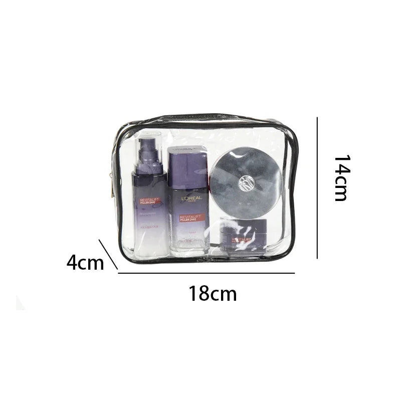A clear waterproof travel toiletry bag containing a 3-piece set of toiletries, including a bottle and a circular item.