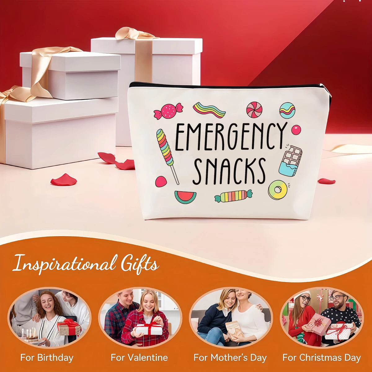 A white pouch labeled Emergency Snacks is displayed with gift ideas for various holidays.