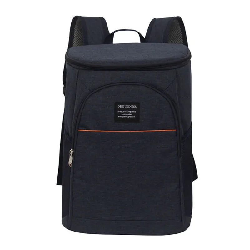 A dark blue insulated thermal cooler backpack with black straps and an orange accent line.