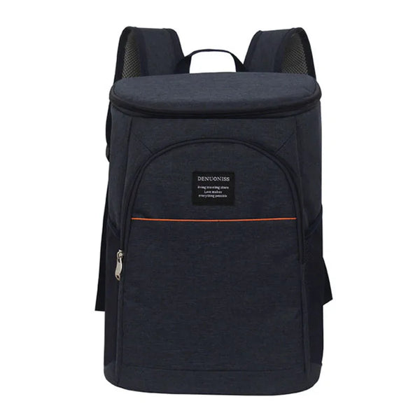 A dark blue insulated thermal cooler backpack with black straps and an orange accent line.