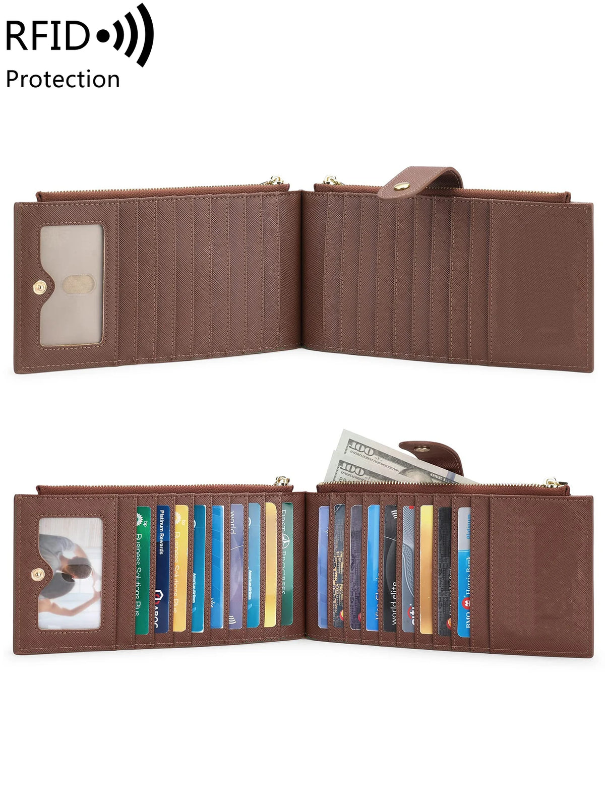 A brown RFID protection bi-fold wallet showing the interior and multiple card slots.