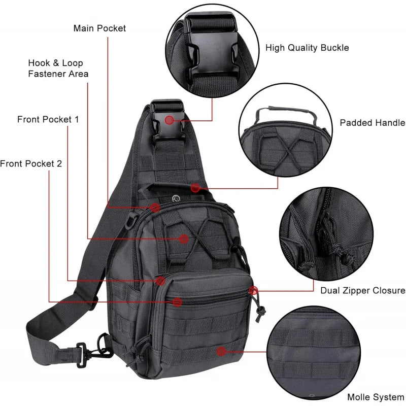 Schwarze taktische Sling-Bag mit mehreren Taschen, Hochwertiger Schnalle, gepolsterter Griff, doppelter Reißverschluss und MO