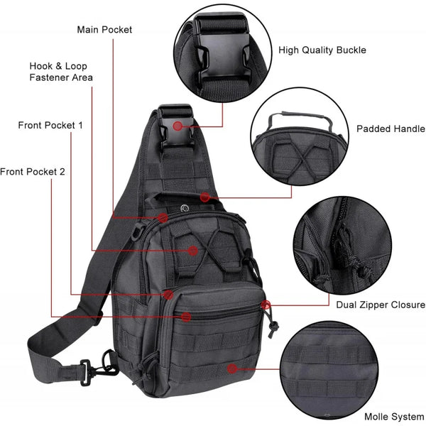 Black tactical sling bag featuring multiple pockets, a high quality buckle, padded handle, dual zipper closure, and a molle s