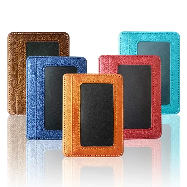 A collection of five slim PU leather mini wallets in various colors including brown, blue, orange, red, and teal.
