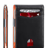 A black card wallet with a plain orange accent, showing the interior and exterior of the RFID protection feature.