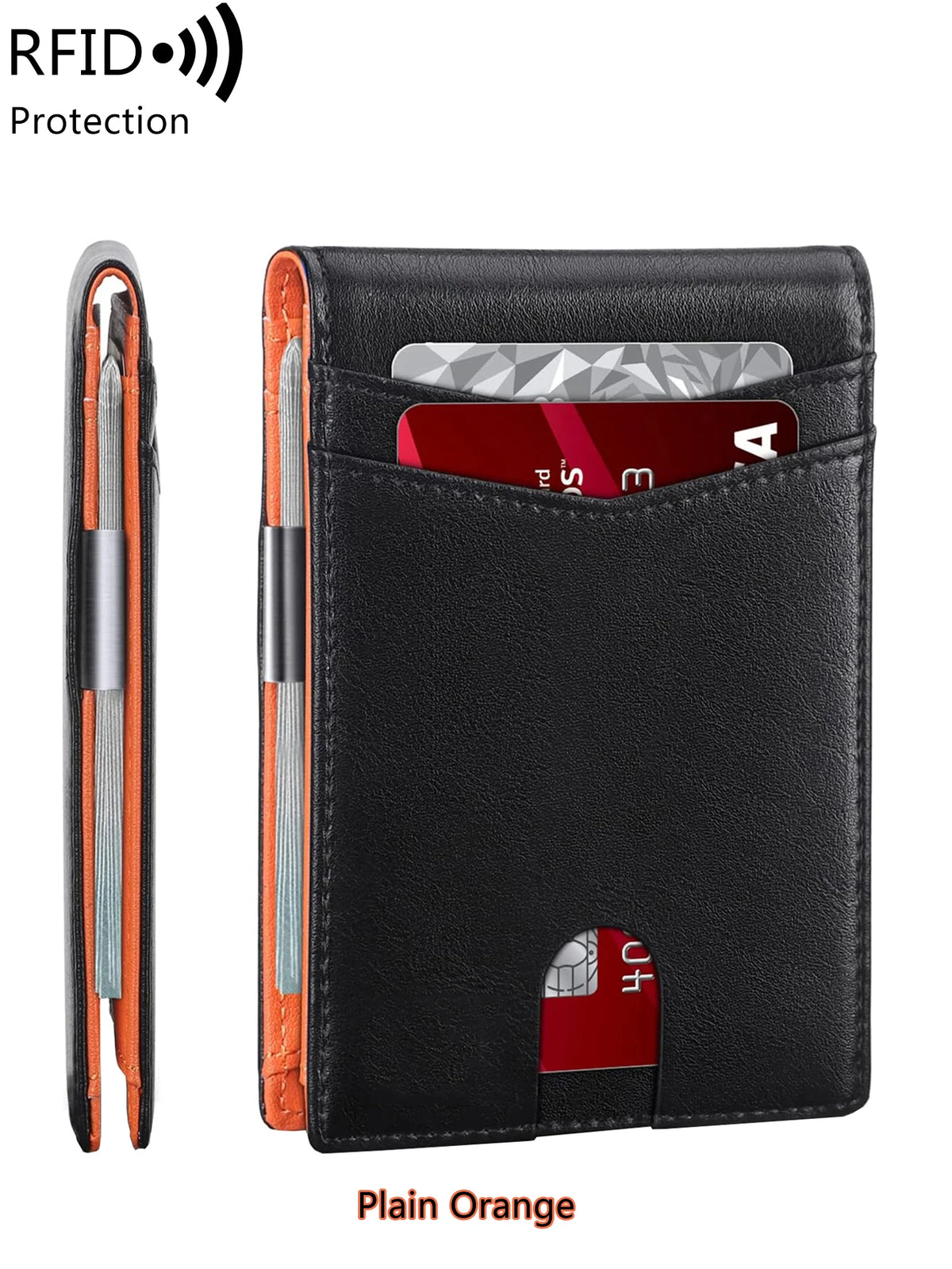 A black card wallet with a plain orange accent, showing the interior and exterior of the RFID protection feature.