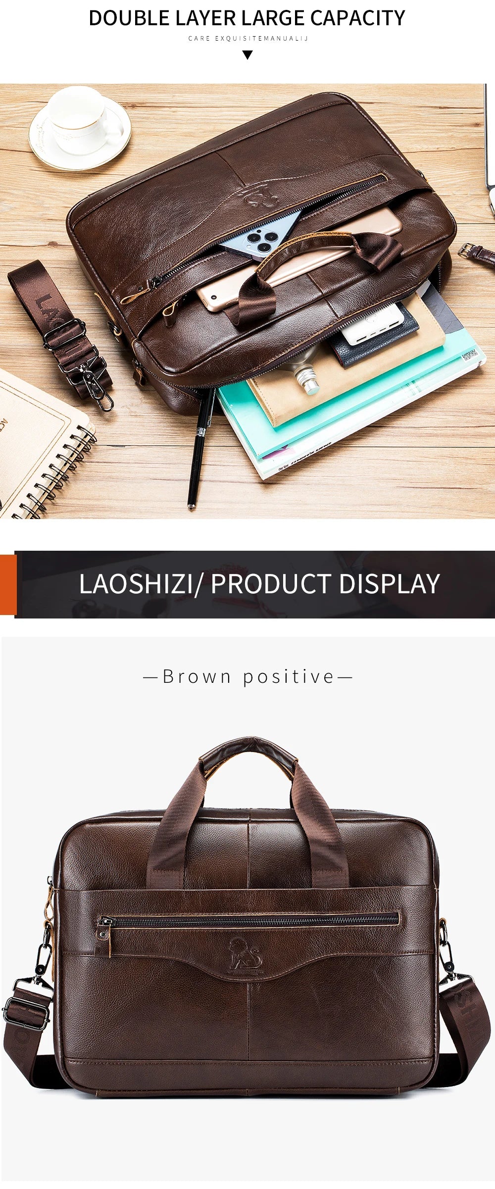 A brown genuine cowhide leather briefcase bag displayed with various accessories on a wooden surface.