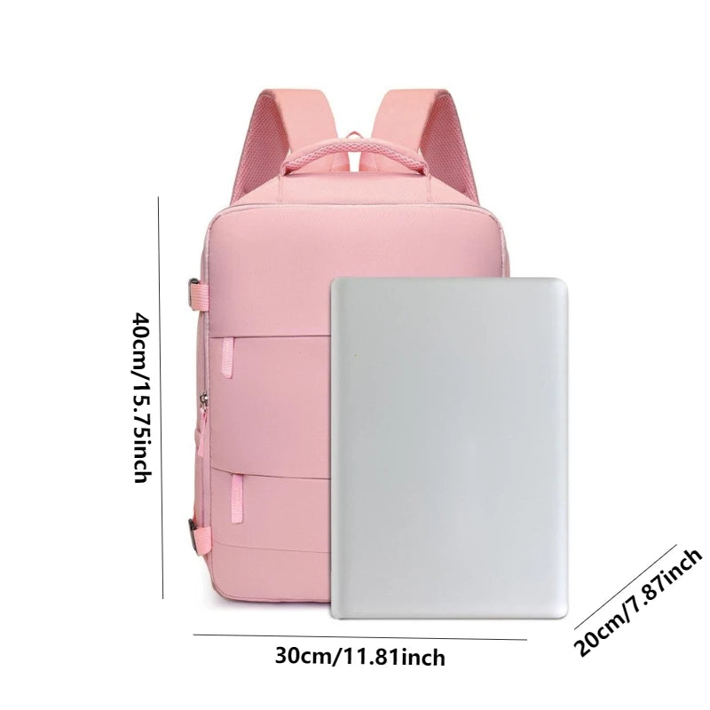 A pink compact travel backpack with a silver laptop sleeve shown next to its dimensions.