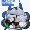 A blue mesh beach tote bag filled with various toiletries and bath products.