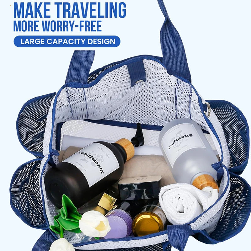 A blue mesh beach tote bag filled with various toiletries and bath products.