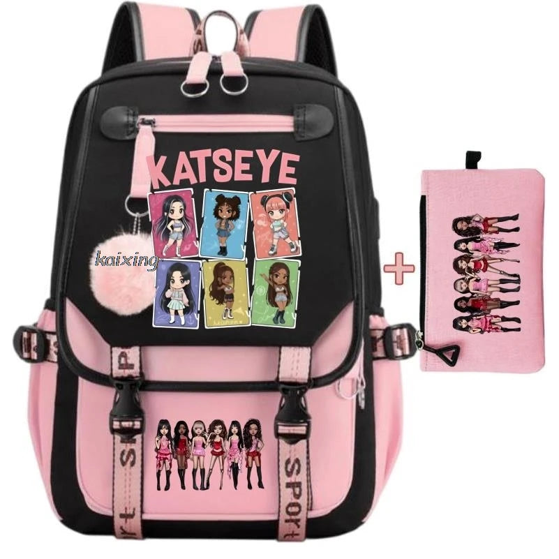 Pink and black canvas backpack featuring various girl prints and a sporty design.