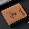A brown leather card clip wallet with a black trim and embossed silhouette of a horse.