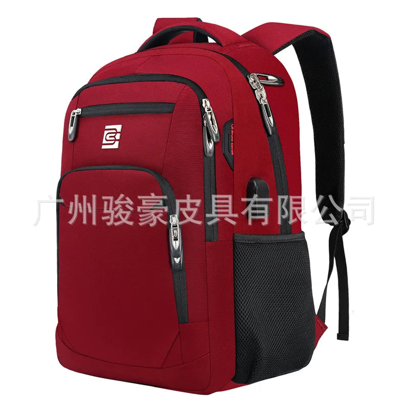 A red business travel laptop backpack with black accents and straps.