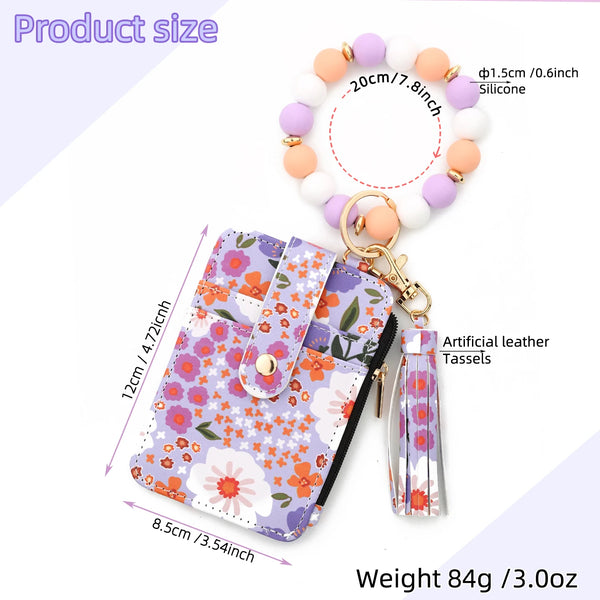 Pink floral silicone PU leather keychain wallet with round silicone beads and tassel