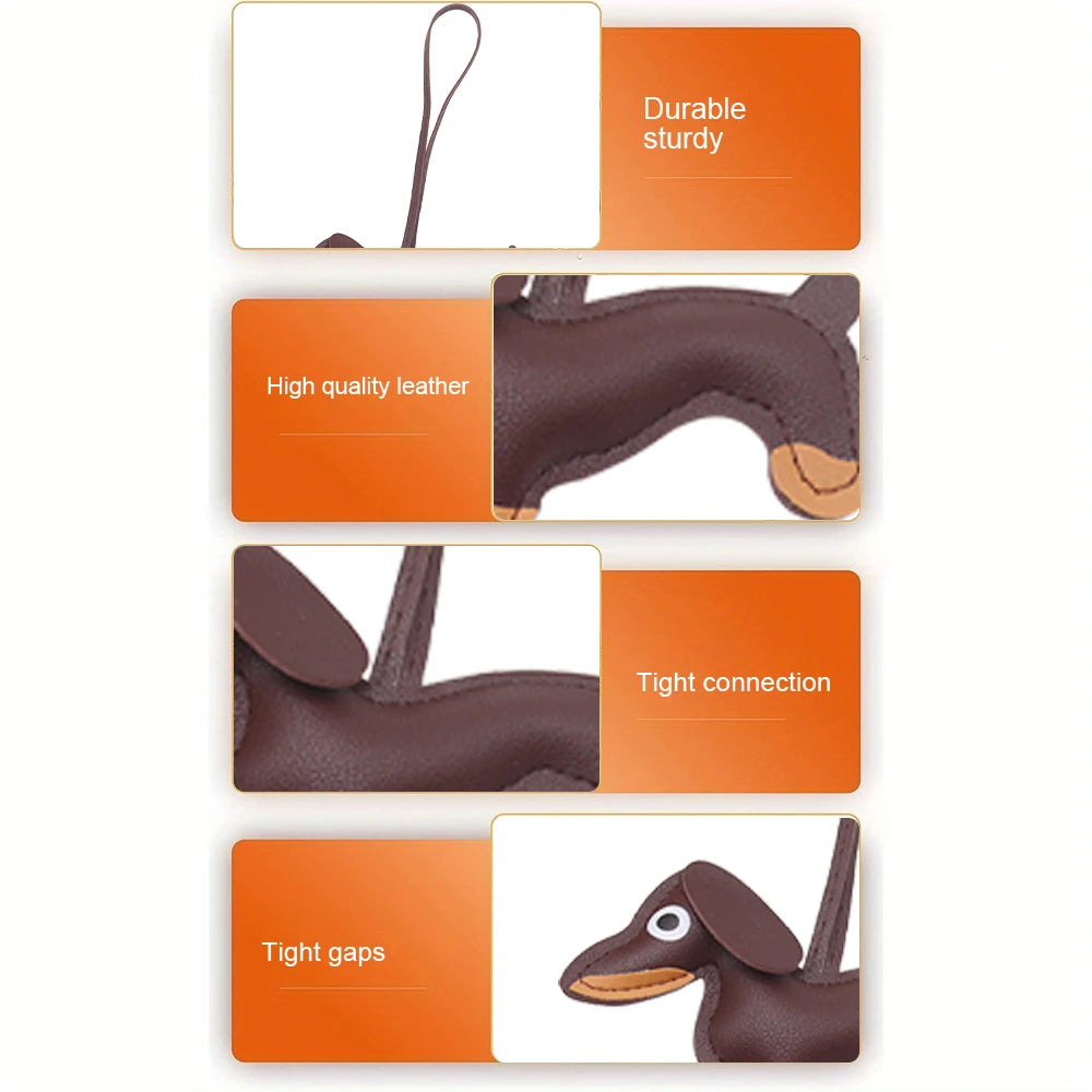 Close-up view of a brown leather dog charm showing durable sturdiness, high quality leather texture, tight connection, and ti