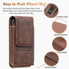 Brown PU leather phone waist pouch featuring a belt clip and various stitching details.