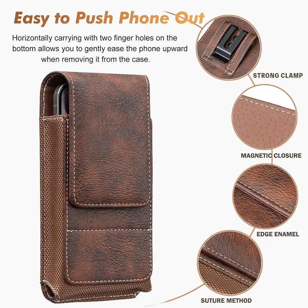 Brown PU leather phone waist pouch featuring a belt clip and various stitching details.