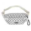 A plaid gray and white checkered crossbody chest bag with a light beige adjustable strap.