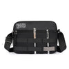 Black durable nylon shoulder bag with multiple zippered compartments and a strap.