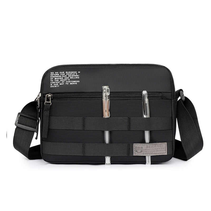 Black durable nylon shoulder bag with multiple zippered compartments and a strap.