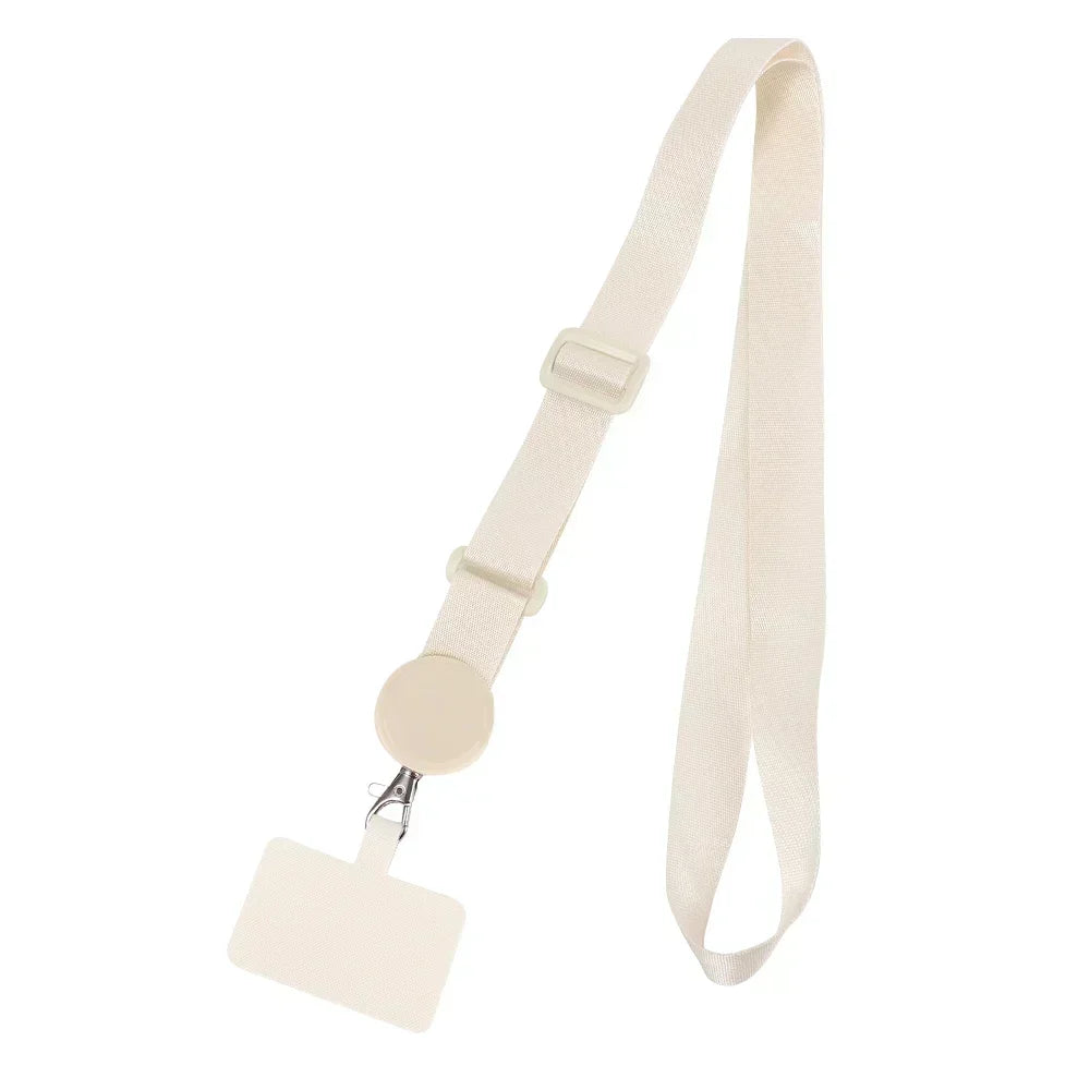 A beige universal adjustable phone lanyard with a neck strap.