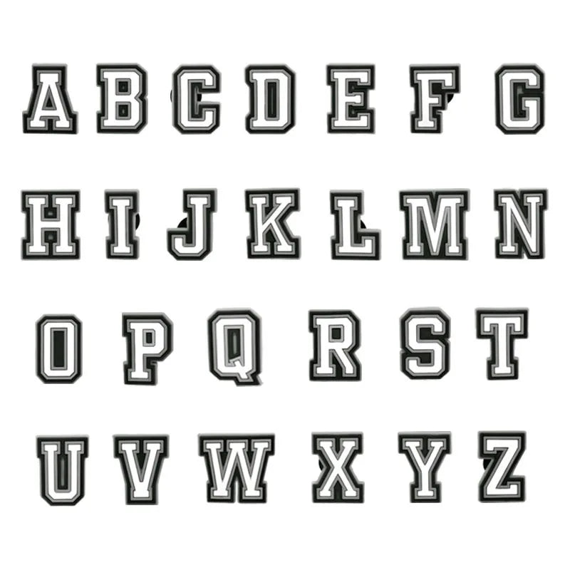 A set of decorative shoe charms and pins for clogs and sandals, featuring uppercase letters A through Z.