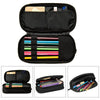 A black luxury leather pencil case shown open, displaying various colored pencils and stationery inside.