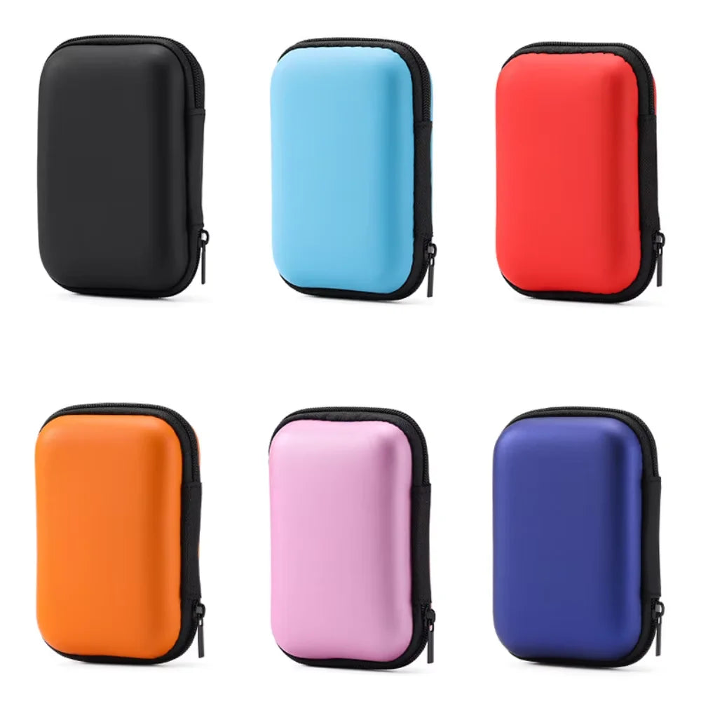 A set of five durable PU hard cases for portable SSDs in black, light blue, red, pink, and purple.
