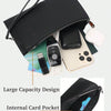 A black clutch bag is shown open, revealing an internal card pocket and various electronic accessories.