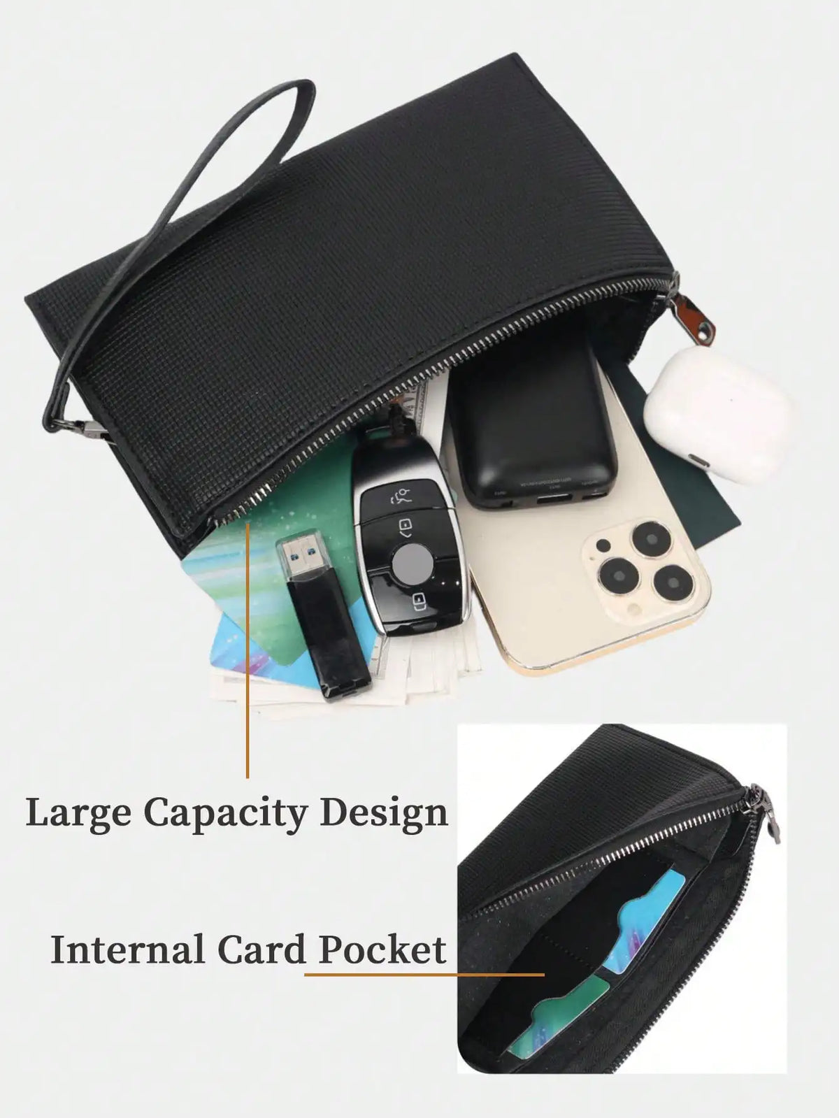 A black clutch bag is shown open, revealing an internal card pocket and various electronic accessories.