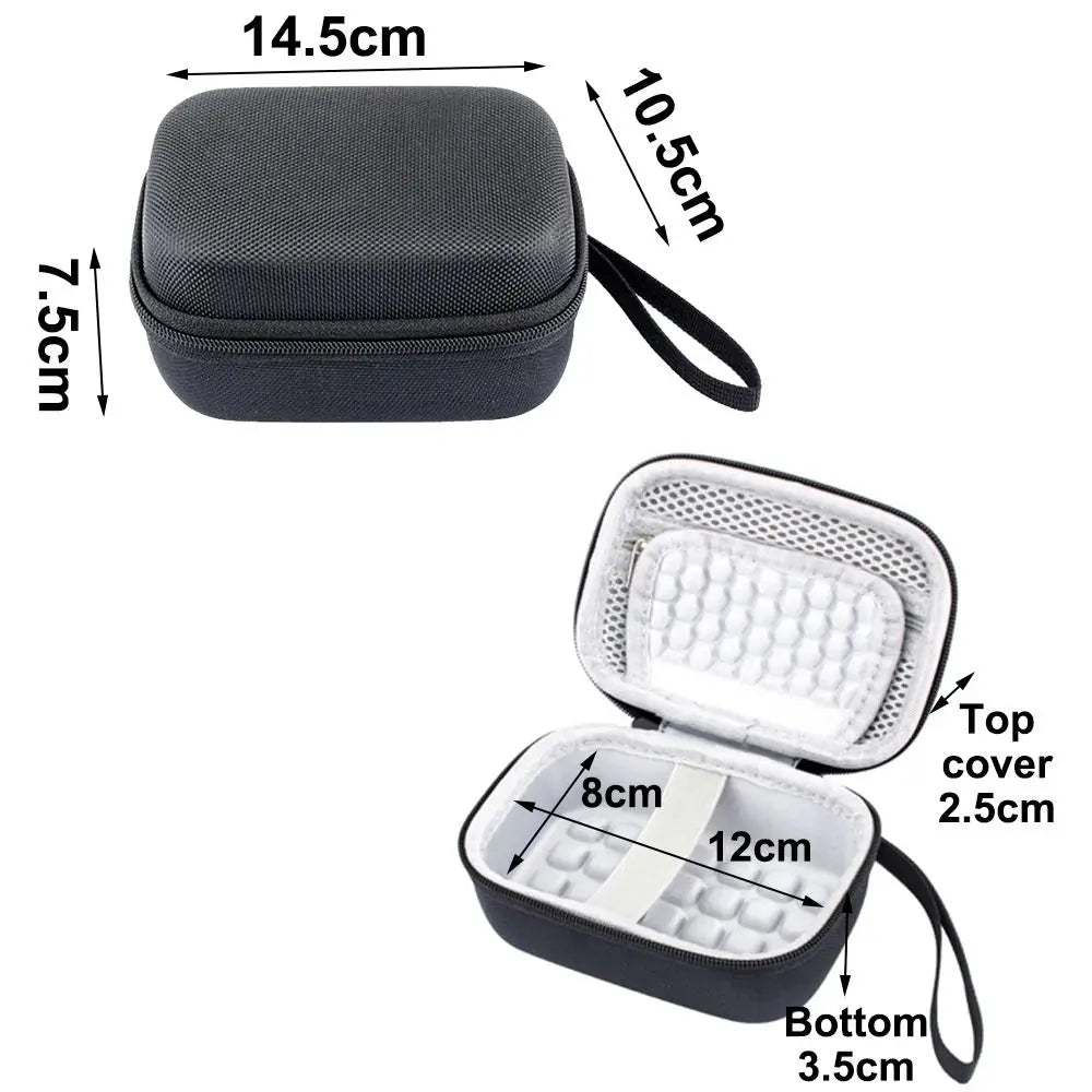 Black durable EVA hard shell camera case shown with dimensions and an open view of the interior foam insert.