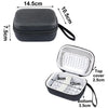 Black hard shell case for a digital camera showing its dimensions and interior layout.