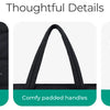 A black tote bag featuring a waterproof fabric, comfy padded handles, and a zip top closure for extra security.