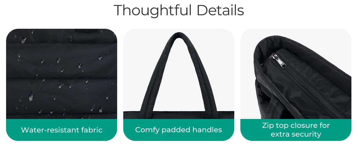 A black tote bag featuring a waterproof fabric, comfy padded handles, and a zip top closure for extra security.