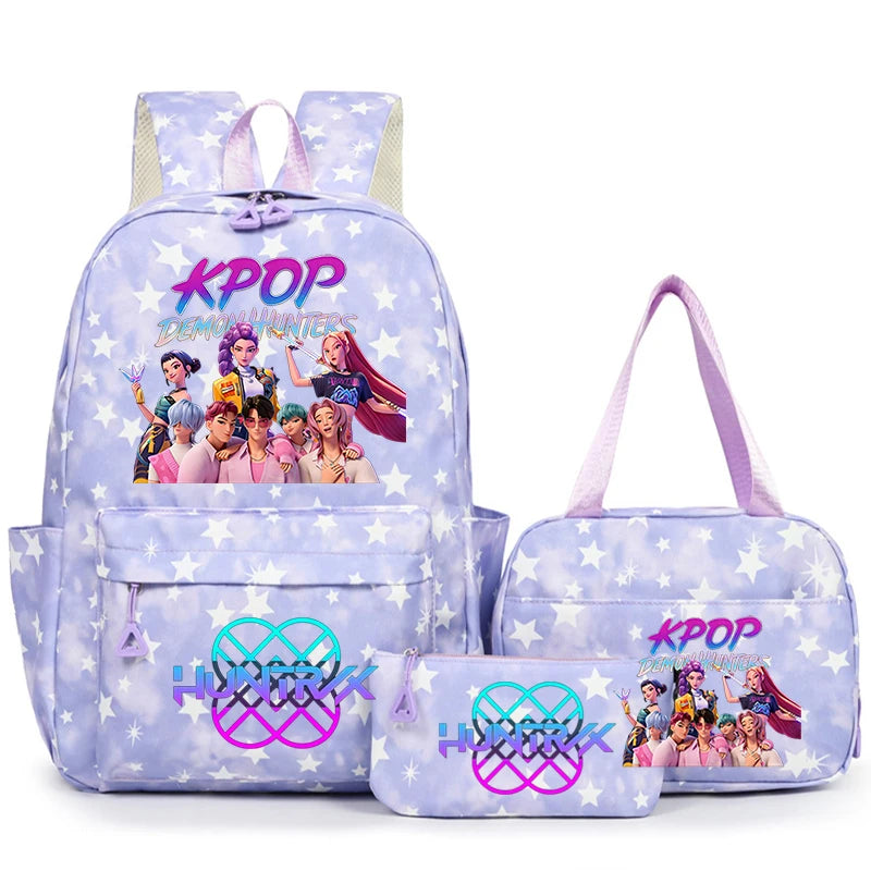 A purple KPOP themed backpack set featuring a main backpack and a matching pouch.