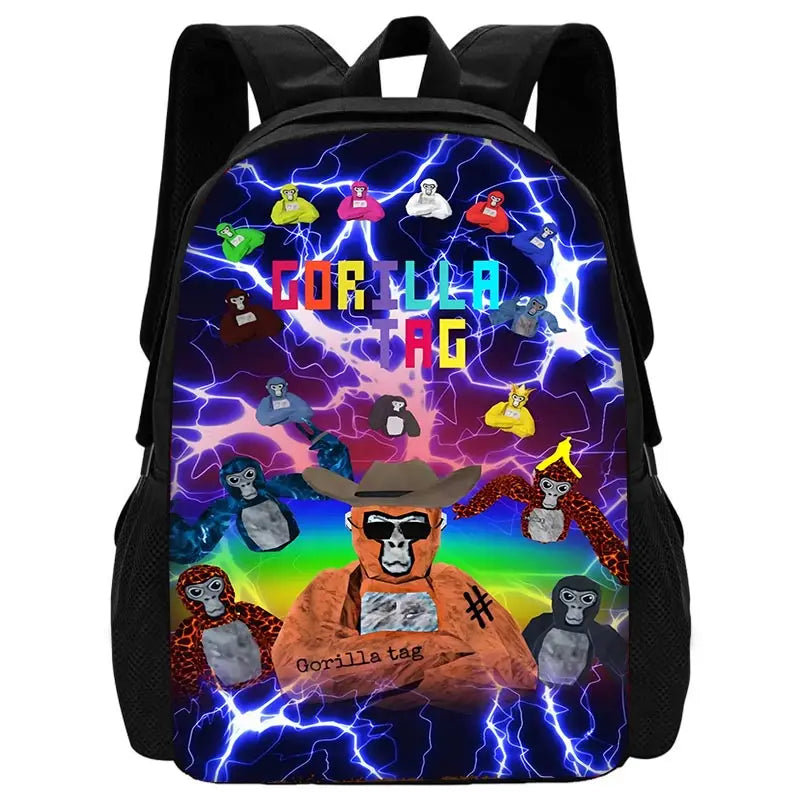 Sac à dos noir avec un graphique coloré d'un visage de gorille et d'éclairs.