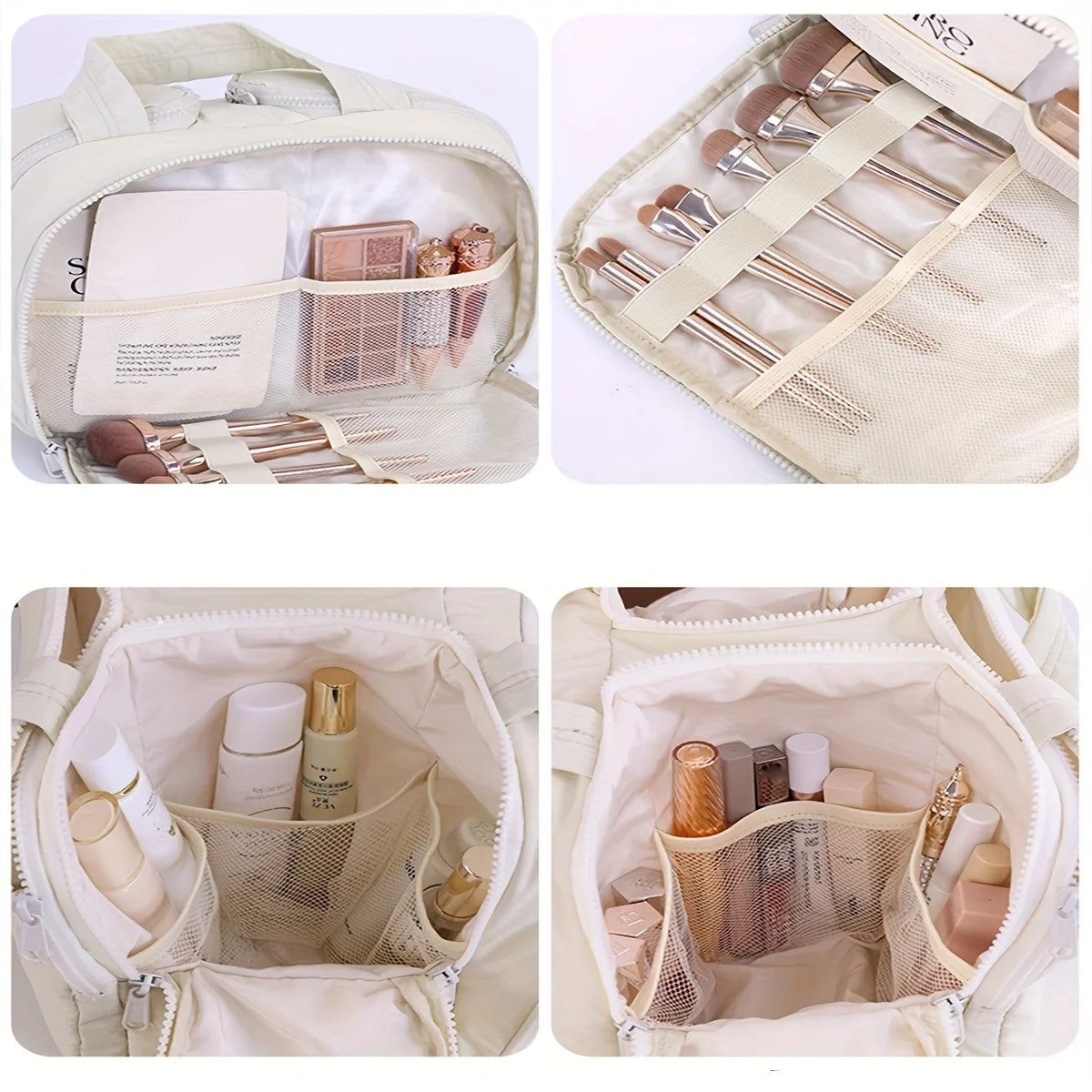 A beige portable side-zip cosmetic organizer bag showing various makeup brushes and beauty tools inside.