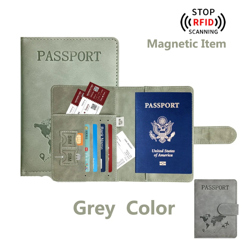 Cartera de cuero sintético gris para pasaporte con ranuras para tarjeta SIM.